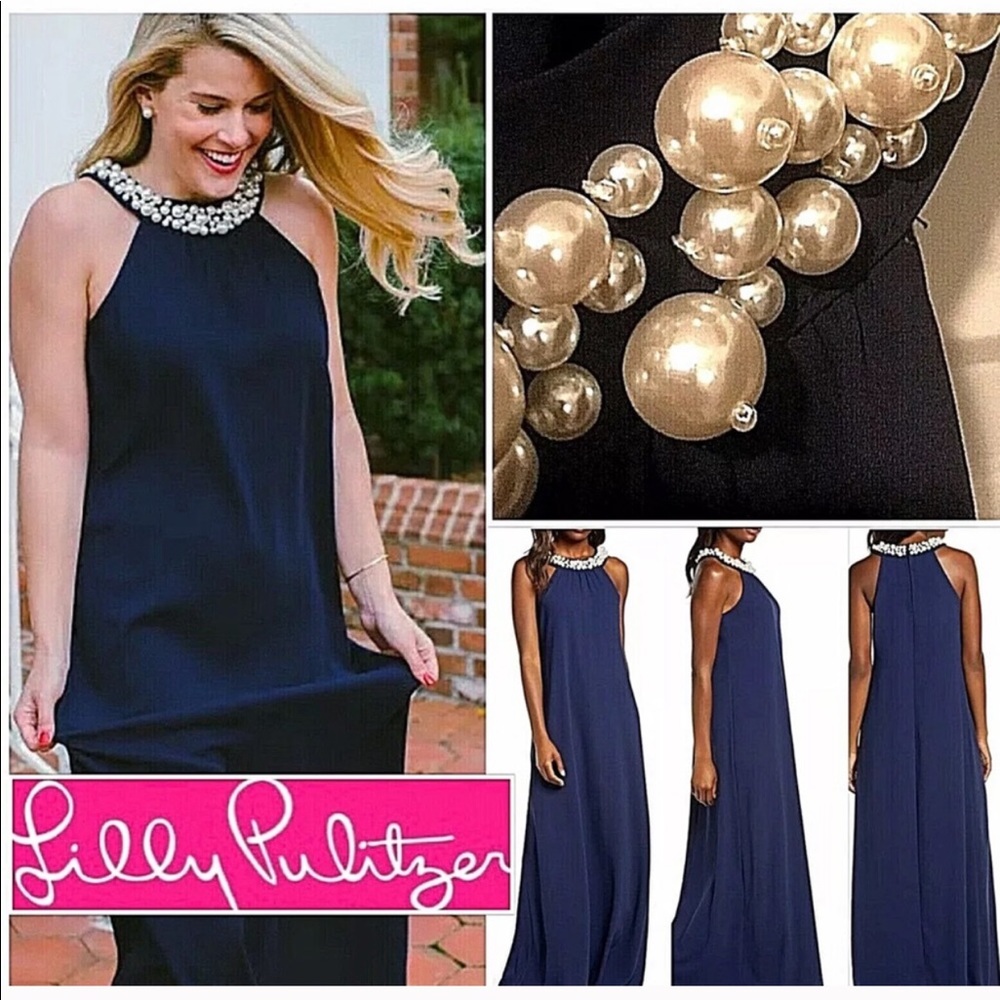 Lilly Pulitzer Navy Blue Shawn Pearl Neck Maxi